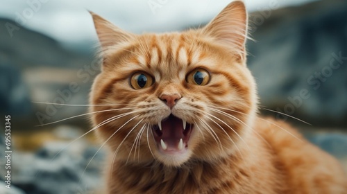 Closeup of angry ginger cat meowing , looking at camera .