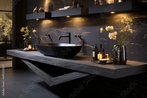  a bathroom with a large black bowl on the counter next to a vase of flowers and candles on the shelf next to the bowl is a vase with flowers in it.