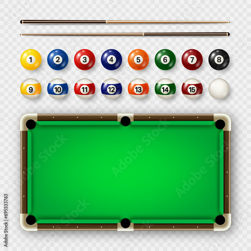 Billiard balls with numbers, various cues and green pool table. Glossy snooker ball. Sports equipment, recreation and hobby, competitive game. Vector illustration