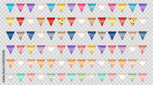 Collection of various 3d realistic party flags, bunting on transparent background. Set of multicolored  pennants, seamless triangle garland as a decoration for birthday celebration, festival, carnival
