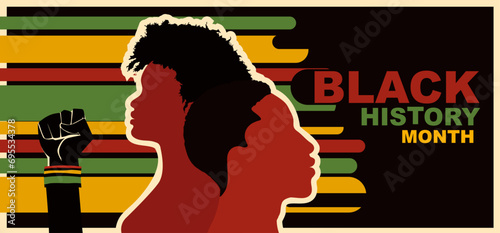 Black history month event. Profile silhouettes people African and African American. Ethnic group black man and woman. Raised fist.Racial equality - justice - identity - anti-racism.Banner