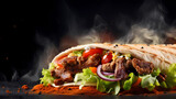 grilled beef turkish or chicken arabic shawarma doner sandwich with ingredients and spices hot ready to serve and eat food commercial menu banner with copy space area - Generated by Generative AI