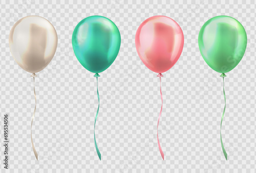 Set of 3d realistic glossy pastel pink, green and beige balloons on transparent background. Colorful three dimensional helium balloons with ribbons for birthday, anniversary, party, wedding