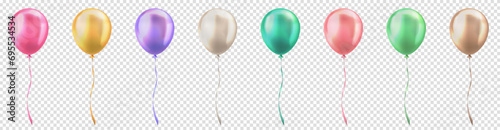Set of 3d realistic glossy pastel colorful balloons on transparent background. Various multicolored three dimensional helium balloons with ribbons for birthday, anniversary, party, wedding