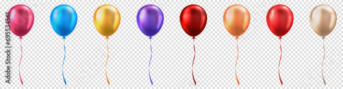 Set of 3d realistic glossy multicolored balloons on transparent background. Colorful three dimensional shiny helium balloons with string ribbons for party, birthday, anniversary, wedding