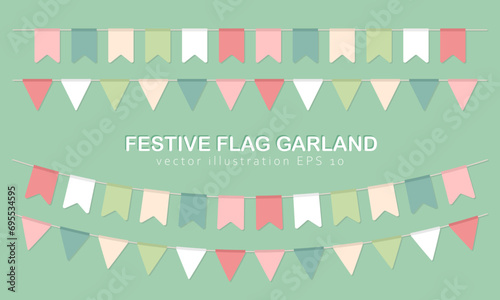 Set of 4 flat colorful buntings or party flags on string. Multicolored repeating hanging carnival garlands isolated on green background. Cute various pennants for festival, fair, birthday