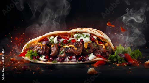 grilled beef turkish or chicken arabic shawarma doner sandwich with ingredients and spices hot ready to serve and eat food commercial menu banner with copy space area - Generated by Generative AI photo