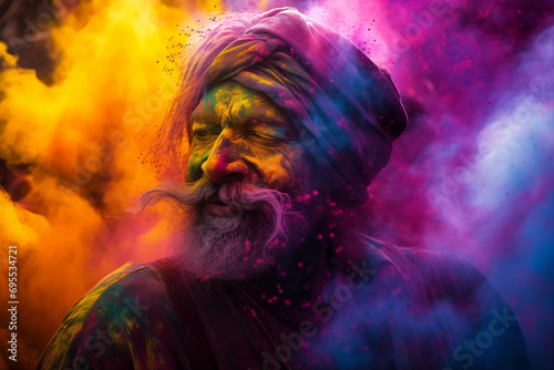 Elderly Gentleman Delighting in the Holi Festival's Colorful Splendor