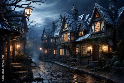 Halloween night in the old town. 3D Rendering.