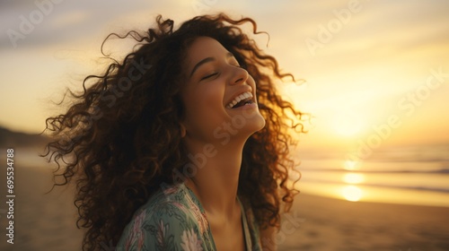 A pleasant woman of Latin and Hispanic descent is relaxing on the beach at sunset with her eyes closed, taking in the fresh breeze and enjoying the beauty of her mixed race and fluttering hair.