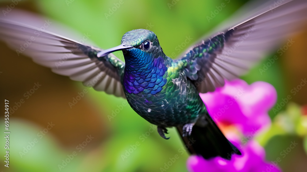 Obraz premium female hummingbird in flight at a hummingbird attraction in ecuador