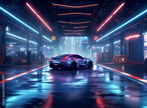 Futuristic sports car in a neon-lit garage with a city skyline in the background.