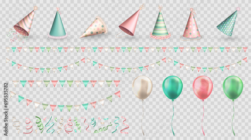 Set of festive decorations - 3d balloons, realistic party hats, streamers and colorful buntings. Bundle of pastel pink and green carnival pennants, ribbon serpentine, paper caps for celebration