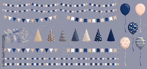 Set of festive decorations stickers - flat cartoon balloons, party hats, streamers and colorful buntings. Blue and beige carnival pennants, ribbon serpentine, paper caps clip art for celebration