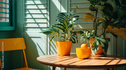potted plants on a table in front of a window