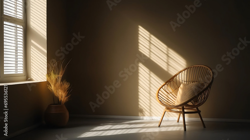 a bright room with a rattan chair and a window photo