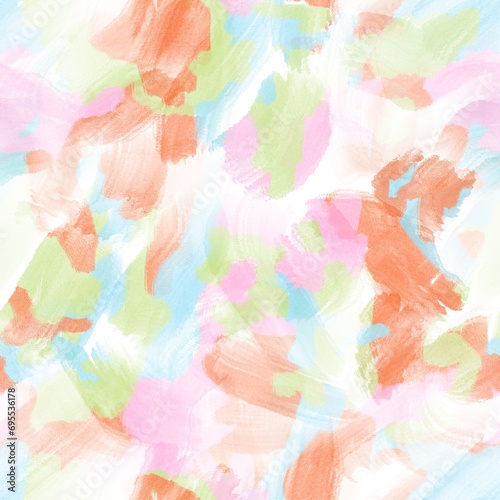 Seamless abstract textured pattern. Simple background in blue, orange,  green, pink, white. Digital brush strokes background. Design for textile fabrics, wrapping paper, background, wallpaper, cover. © Noosya
