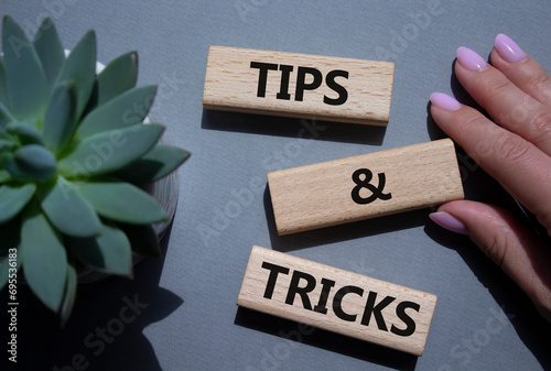 Tips and tricks symbol. Wooden blocks with words Tips and tricks. Beautiful grey background with succulent plant. Businessman hand. Business concept and Tips and tricks. Copy space.