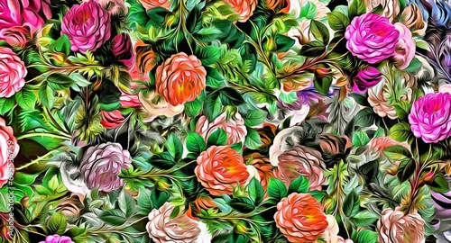 Computer graphics of abstract floral psychedelic background stylization of colored chaotic stickers in the form of leaves