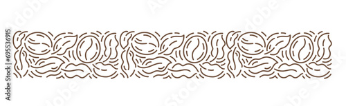 Coffee beans and leaves horizontal background. Plant pattern. Floral ornament. Editable outline stroke. Vector line.