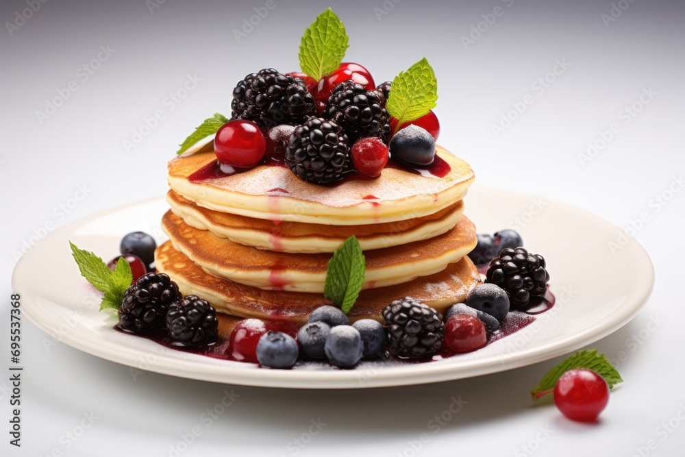 a stack of pancakes with berries and syrup on a white plate with mint leaves and berries on top of the pancakes and the rest of the pancakes on the plate. a stack of pancakes with berries and syrup on a white plate with mint leaves and berries on top of the pancakes and the rest of the pancakes on the plate.