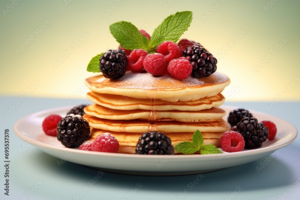 a stack of pancakes topped with raspberries and blackberries on top of each other on a white plate with mint leaves and raspberries on top of the pancakes. a stack of pancakes topped with raspberries and blackberries on top of each other on a white plate with mint leaves and raspberries on top of the pancakes.