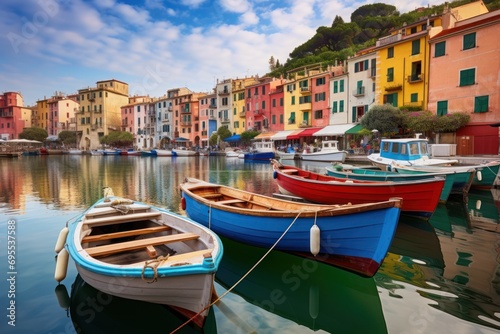  a group of boats floating on top of a body of water next to a row of multicolored buildings on the shore of a body of water in front of water. © Nadia