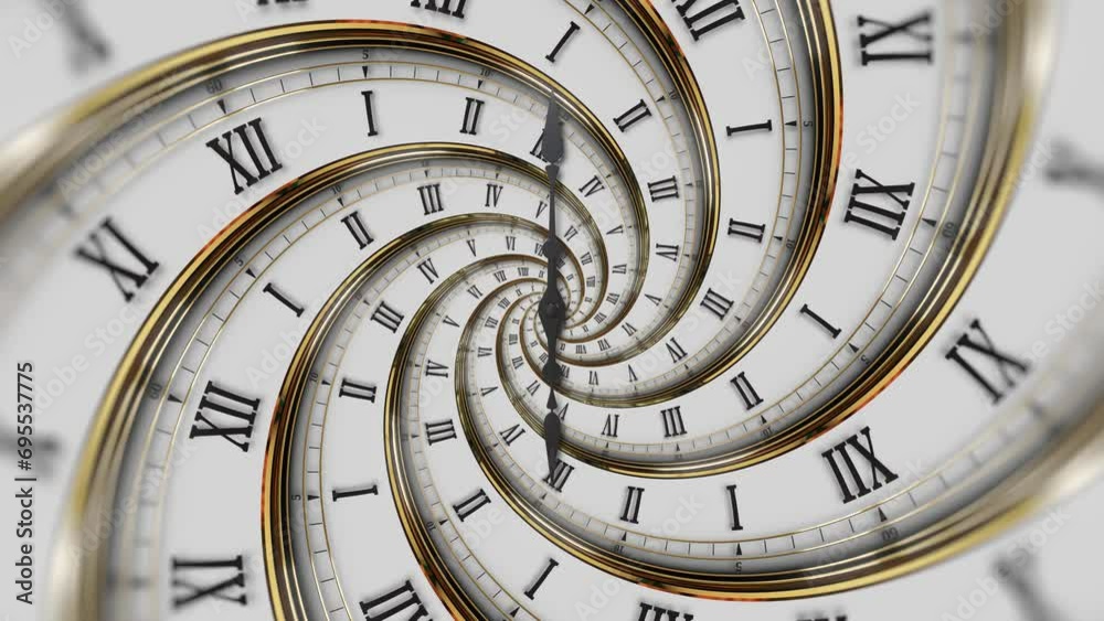 Abstract modern white spiral clock dial with roman numerals. Concept of Infinite time, deadline, scheduling, time and space, past, present and future.