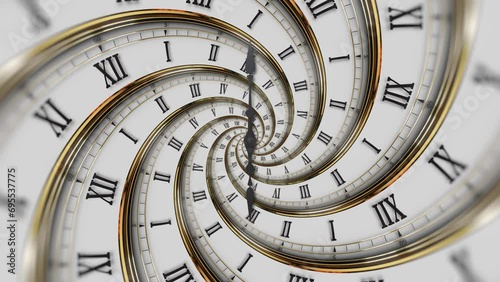 Abstract modern white spiral clock dial with roman numerals. Concept of Infinite time, deadline, scheduling, time and space, past, present and future.