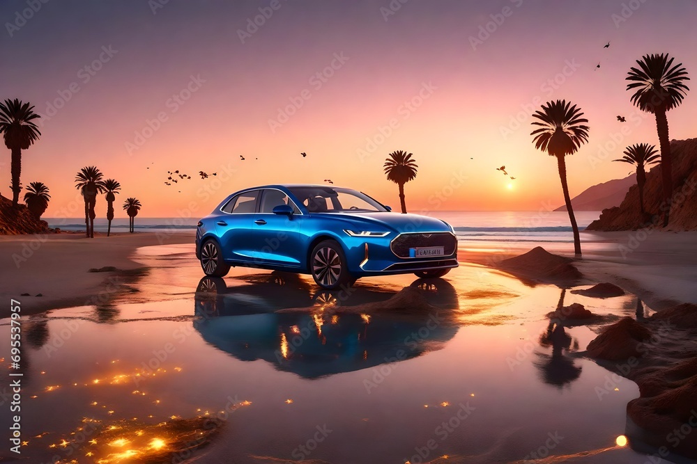 A surreal beach drive in Málaga at sunset, where the road transforms into a celestial pathway, stars reflecting on the water's surface, and mythical creatures emerging from the sea