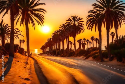 A vibrant beach drive in Málaga at sunset, with the sun casting warm tones on the coastal road, palm trees lining the path, and the Mediterranean Sea shimmering in the background © usama