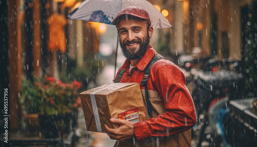 delivery guy, carrying the package in the rain joyous.generative ai