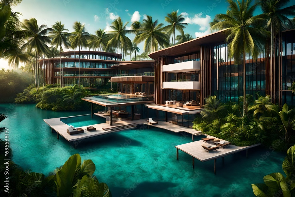An upscale hotel with modern architecture, surrounded by lush tropical vegetation, blending seamlessly with the azure lagoon in the background.
