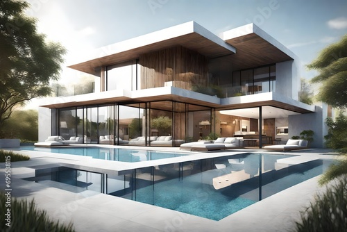 3d rendering illustration of modern house and swimming pool © lala