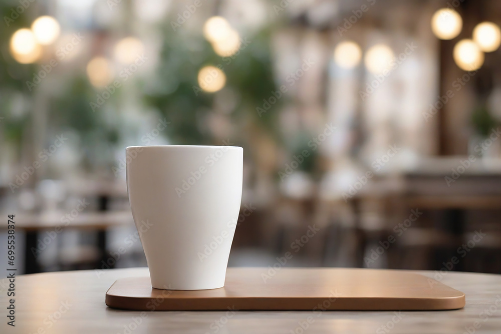 White coffee cup on a wooden table in a cafe. Place for text