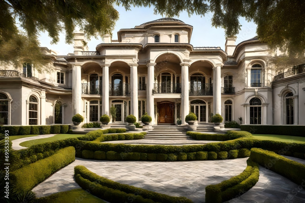 A luxurious estate with a grand entrance and symmetrical landscaping, conveying a sense of opulence and prestige.