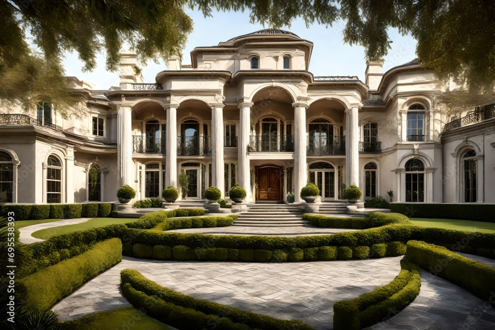 Obraz premium A luxurious estate with a grand entrance and symmetrical landscaping, conveying a sense of opulence and prestige.