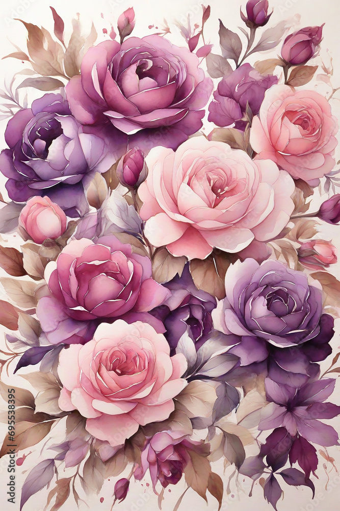 Fototapeta premium Beautiful watercolor floral bouquet in pink, purple and violet colors
