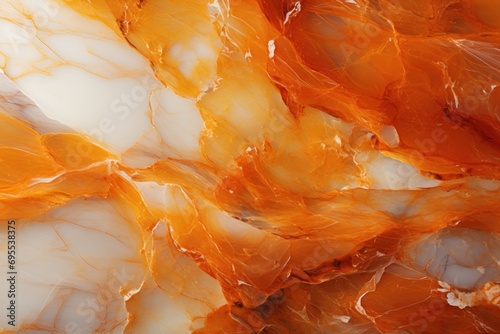  a close up of a marble surface with orange and white swirls and a black and white object in the middle of the image and a black object in the middle of the middle of the picture.