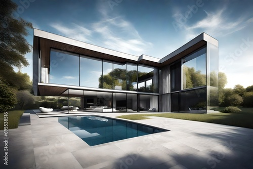 A sleek modern house with large glass windows  reflecting the serene blue sky and surrounded by a perfectly manicured garden.