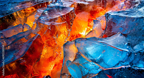 Selective focus colorful abstract cold ice pieces melting in hot fire flame, blue red display background, climate change, global warming concept