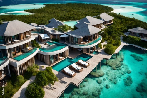 A modern resort complex with sleek architecture, featuring spacious outdoor terraces overlooking the turquoise atolls of the Maldives.