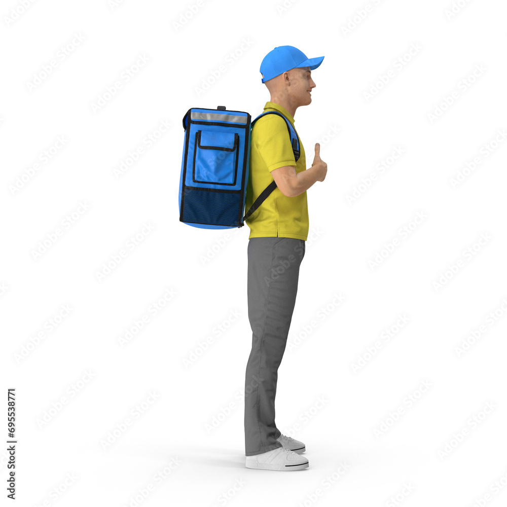 Full body delivery guy employee workwear work as dealer courier isolated on white, Courier/Food delivery man with a large backpack, Online delivery concept for mockup and Advertising. 3D PNG Full body delivery guy employee workwear work as dealer courier isolated on white, Courier/Food delivery man with a large backpack, Online delivery concept for mockup and Advertising. 3D PNG