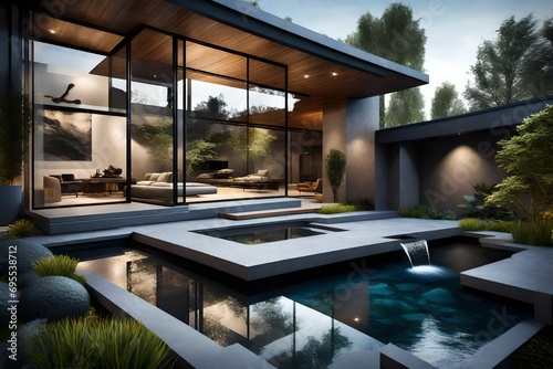 A luxury home with a minimalist exterior  accented by artistic landscaping and a tranquil water feature.