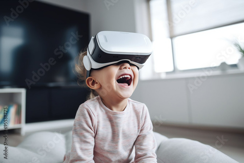 A little happy boy in a virtual reality glasses