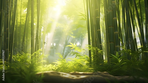 Bamboo forest with sunlight in the morning. Panoramic image