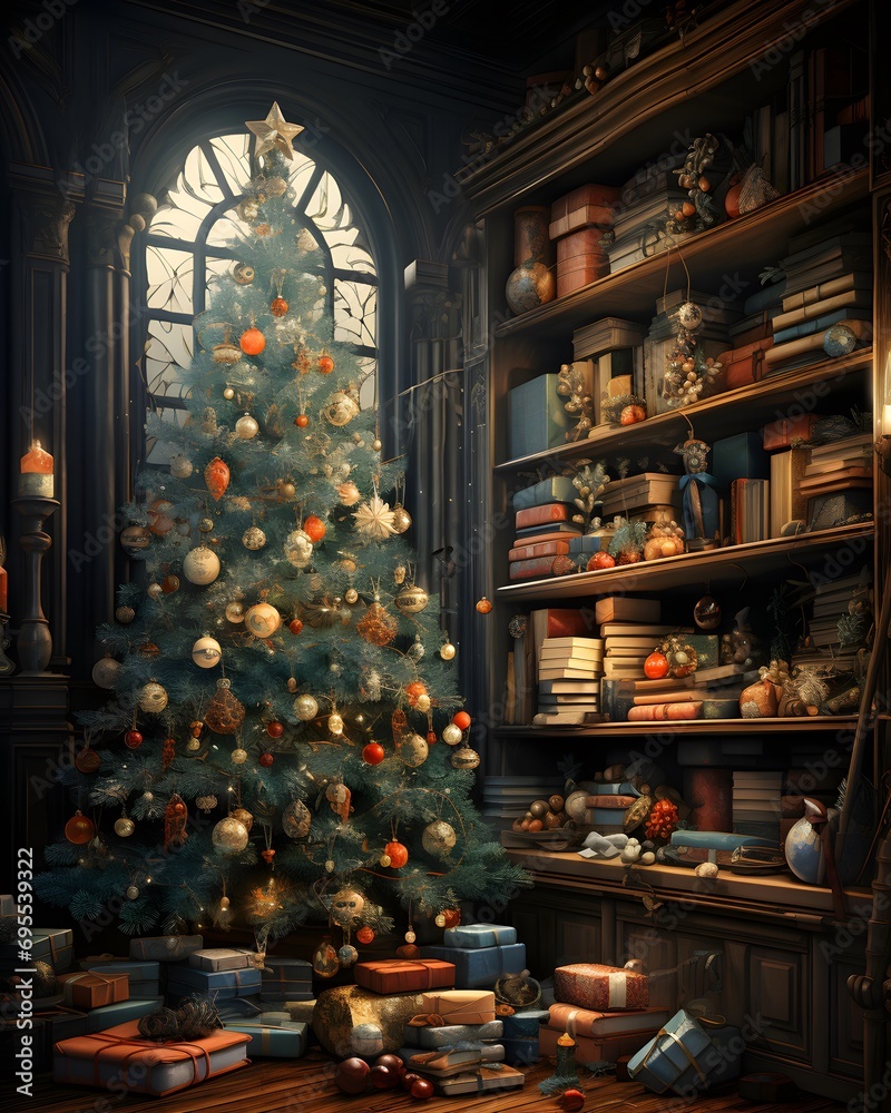 Christmas tree in the interior of the old library. 3d render