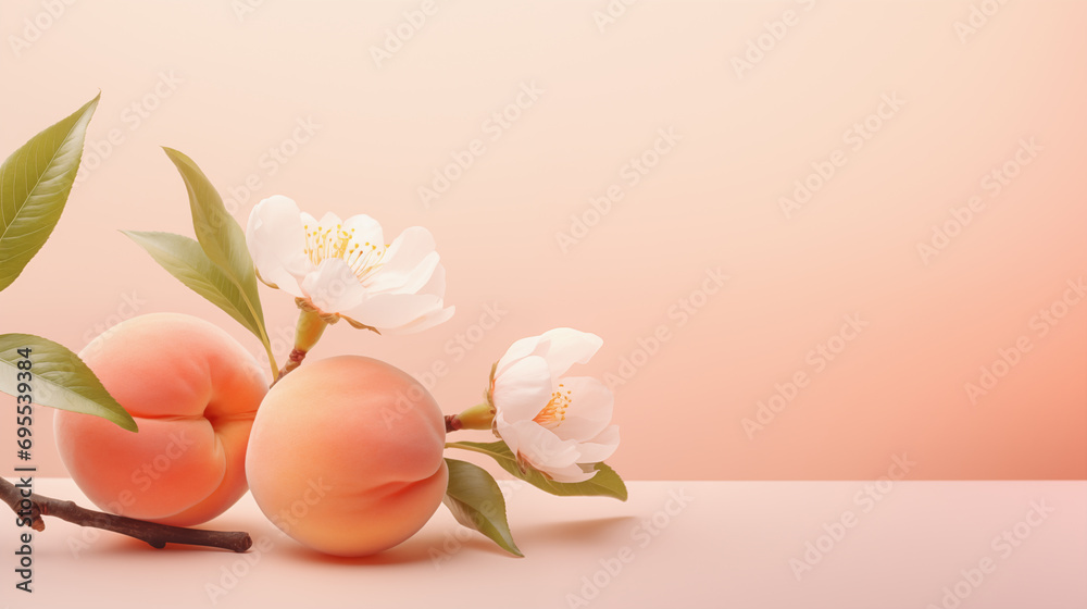 Artfully Arranged Composition of Peaches and Flowers, a Delicate Fusion of Fruitful Beauty Artfully Arranged Composition of Peaches and Flowers, a Delicate Fusion of Fruitful Beauty