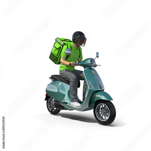 A young courier, a food and parcel delivery man in black uniform, a thermo backpack on a moped isolated on white. 3D online delivery service, freight scooter and delivery bag carrier