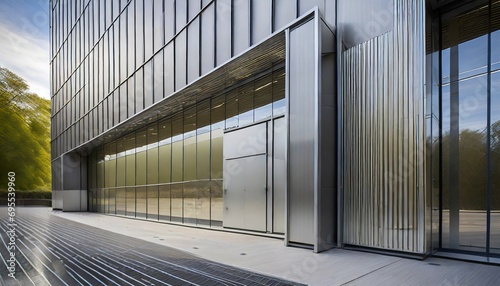 close up of modern architecture in an industrial or office building with a metal wall glass door and a hi tech geometric steel structure featuring rectangles and parallel lines